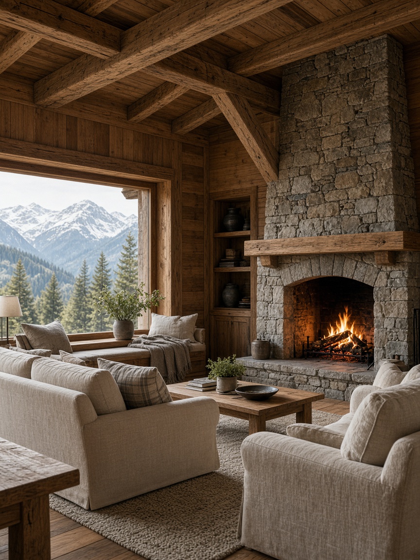 Intérieur de chalet, bois et lumière naturelle